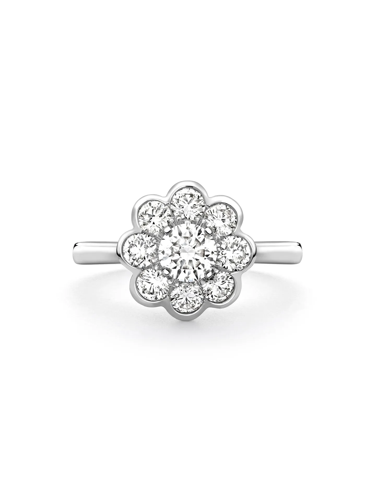 Classic Diamond Cluster Platinum Ring With Scalloped Edge