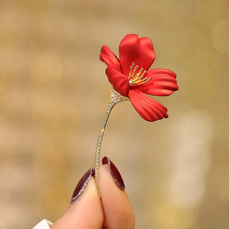 Copper Red Hibiscus CZ Diamond Brooch