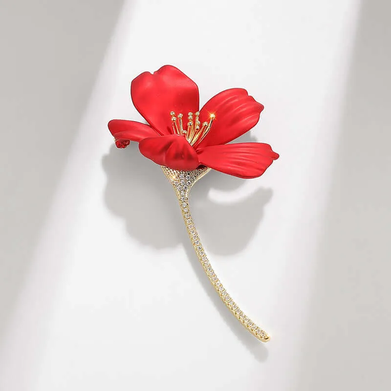 Copper Red Hibiscus CZ Diamond Brooch