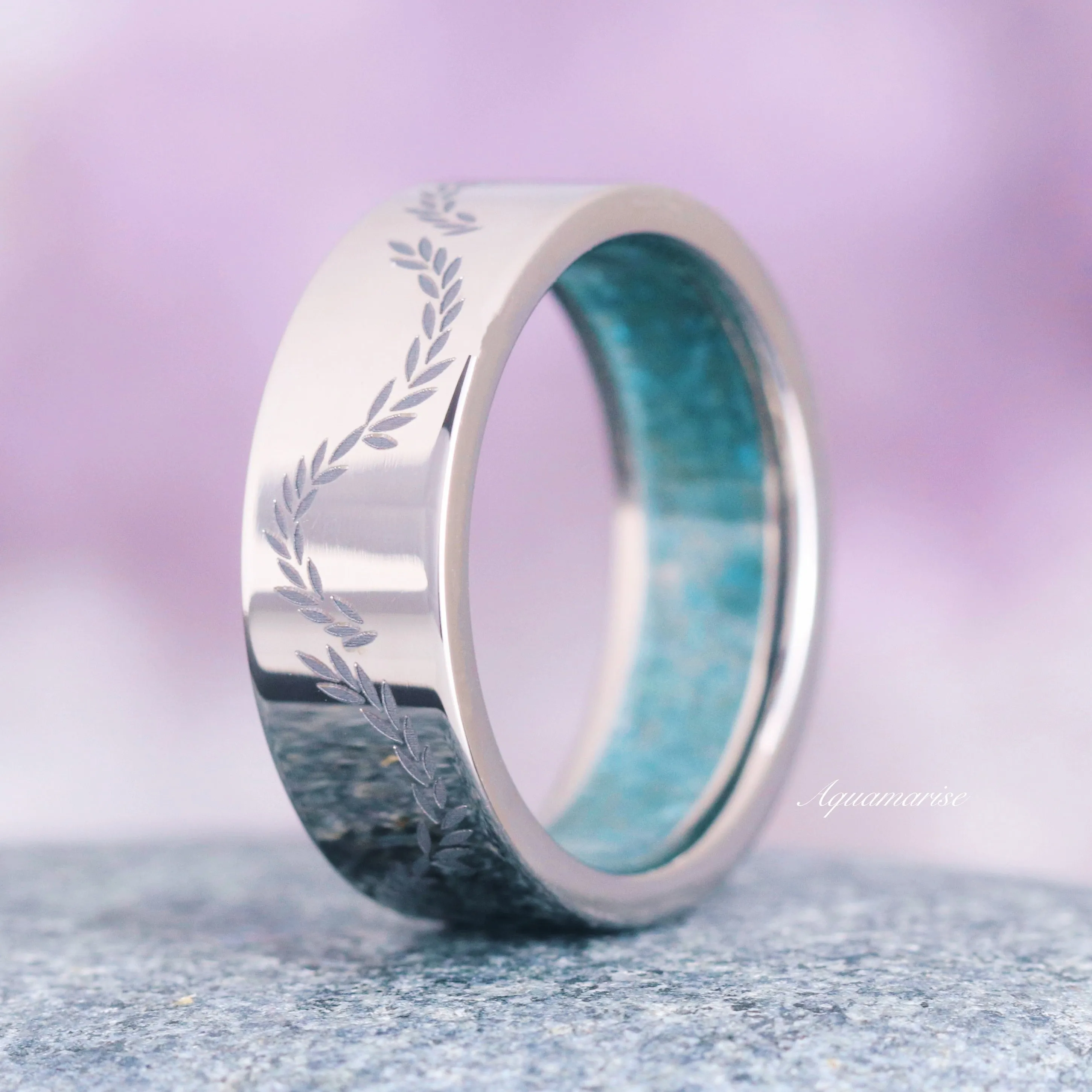 Crushed Aquamarine Leaf Wedding Band- 8MM Titanium