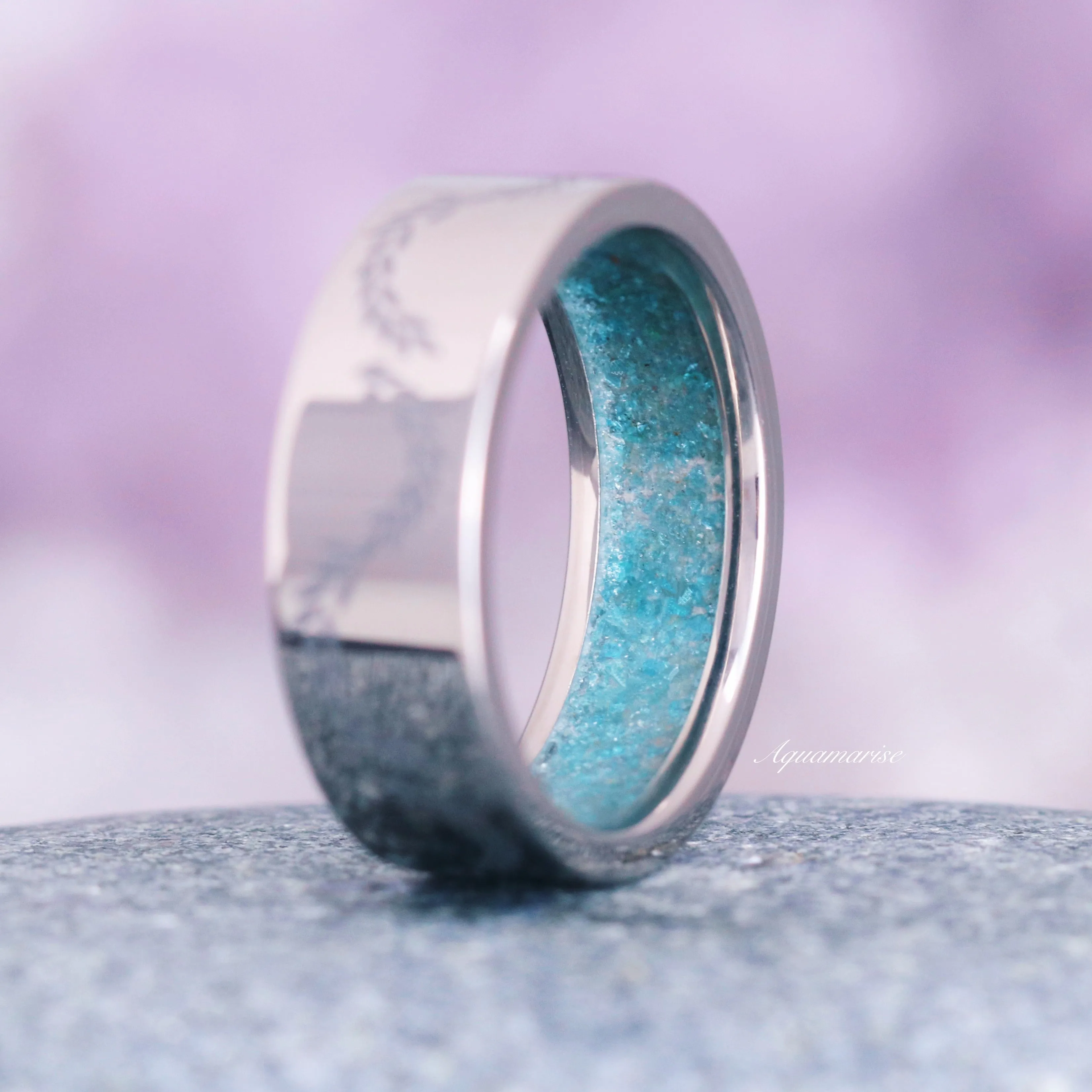 Crushed Aquamarine Leaf Wedding Band- 8MM Titanium