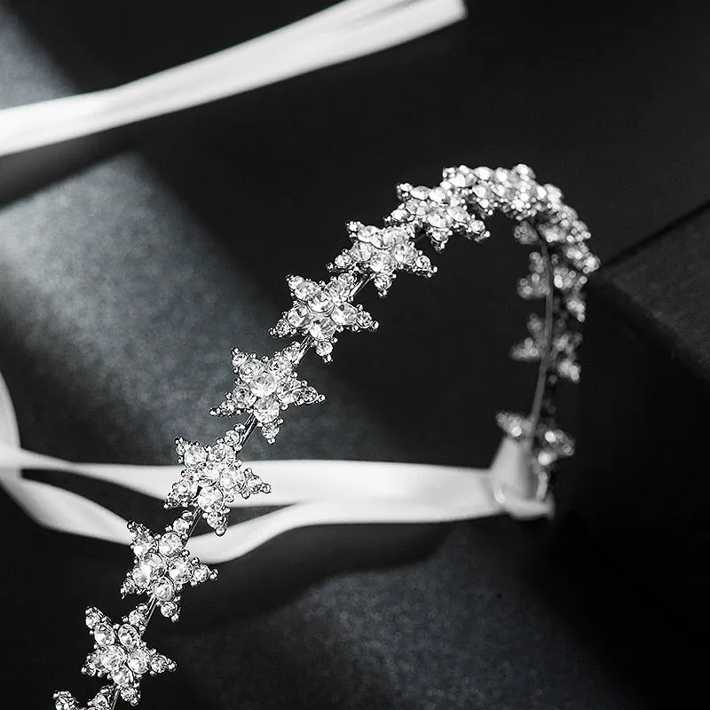 Crystal Star Tiara Headband with Rhinestones and Ribbon-Bridal or Quinceanera Headpiece