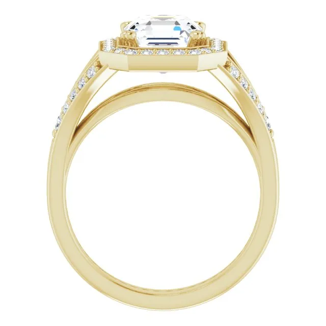 Cubic Zirconia Engagement Ring- The Aryanna (Customizable Cathedral-set Asscher Cut Style with Accented Split Band and Halo)