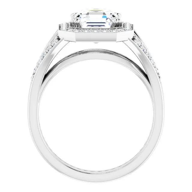 Cubic Zirconia Engagement Ring- The Aryanna (Customizable Cathedral-set Asscher Cut Style with Accented Split Band and Halo)