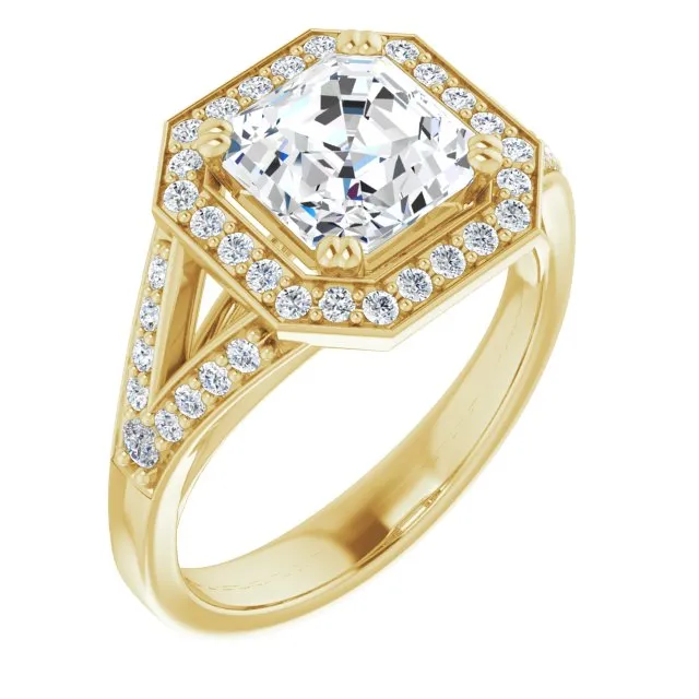 Cubic Zirconia Engagement Ring- The Aryanna (Customizable Cathedral-set Asscher Cut Style with Accented Split Band and Halo)