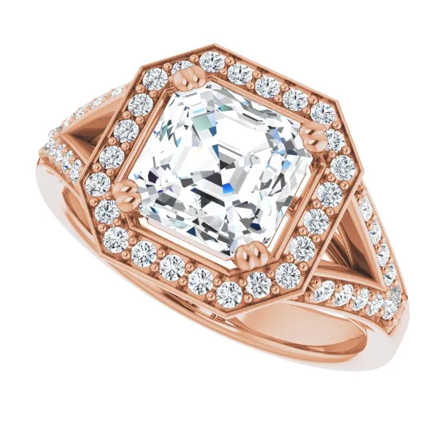 Cubic Zirconia Engagement Ring- The Aryanna (Customizable Cathedral-set Asscher Cut Style with Accented Split Band and Halo)