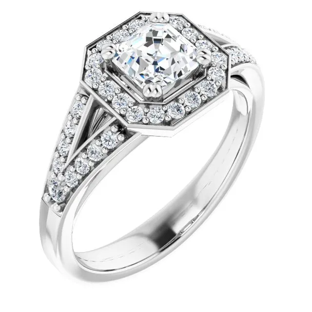 Cubic Zirconia Engagement Ring- The Aryanna (Customizable Cathedral-set Asscher Cut Style with Accented Split Band and Halo)