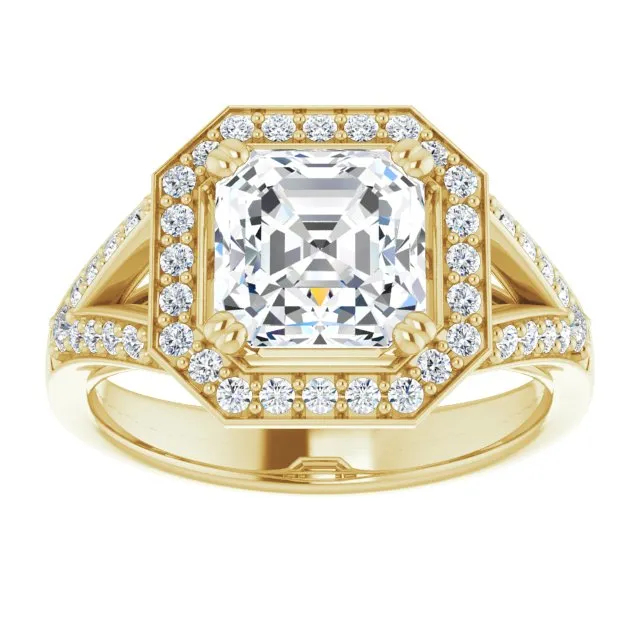 Cubic Zirconia Engagement Ring- The Aryanna (Customizable Cathedral-set Asscher Cut Style with Accented Split Band and Halo)