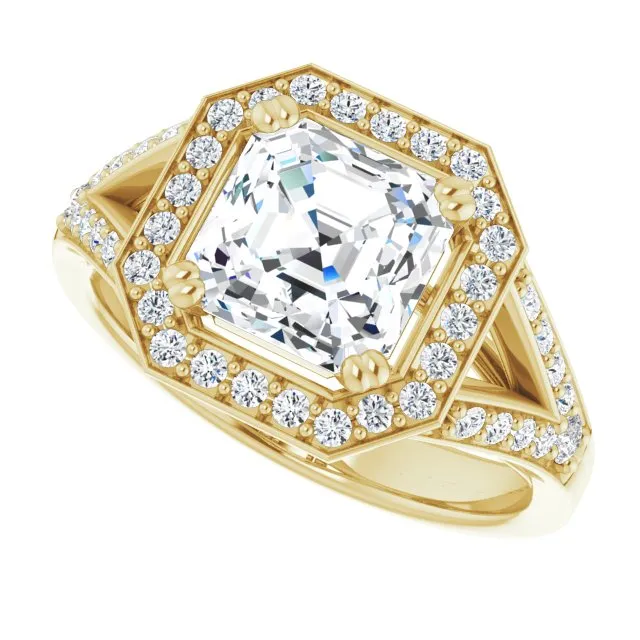 Cubic Zirconia Engagement Ring- The Aryanna (Customizable Cathedral-set Asscher Cut Style with Accented Split Band and Halo)