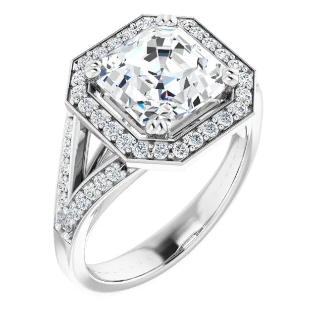 Cubic Zirconia Engagement Ring- The Aryanna (Customizable Cathedral-set Asscher Cut Style with Accented Split Band and Halo)