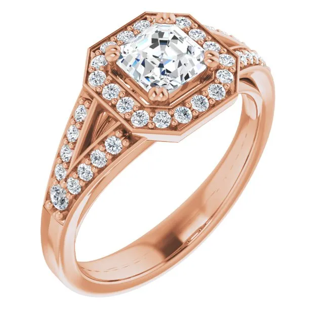 Cubic Zirconia Engagement Ring- The Aryanna (Customizable Cathedral-set Asscher Cut Style with Accented Split Band and Halo)