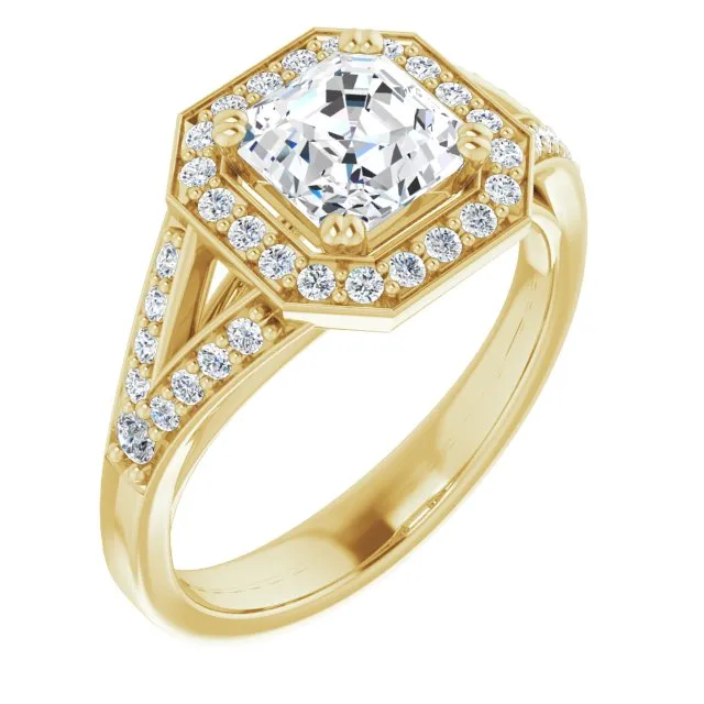 Cubic Zirconia Engagement Ring- The Aryanna (Customizable Cathedral-set Asscher Cut Style with Accented Split Band and Halo)