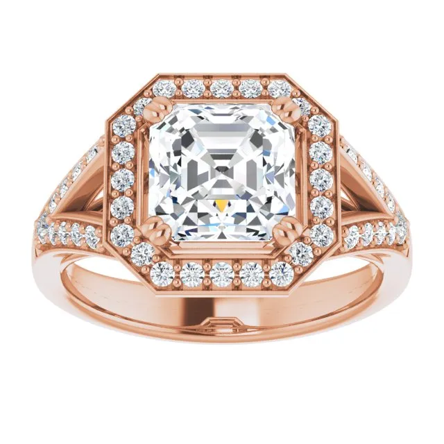 Cubic Zirconia Engagement Ring- The Aryanna (Customizable Cathedral-set Asscher Cut Style with Accented Split Band and Halo)