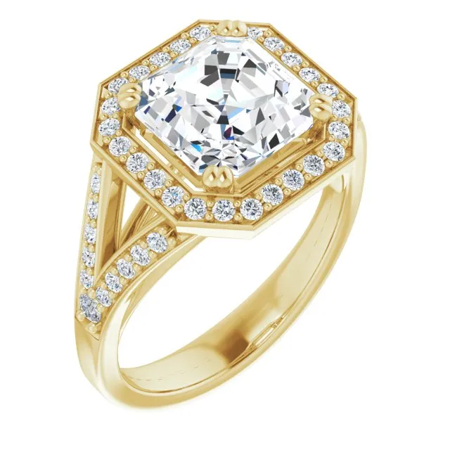 Cubic Zirconia Engagement Ring- The Aryanna (Customizable Cathedral-set Asscher Cut Style with Accented Split Band and Halo)