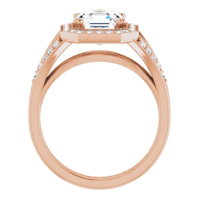 Cubic Zirconia Engagement Ring- The Aryanna (Customizable Cathedral-set Asscher Cut Style with Accented Split Band and Halo)