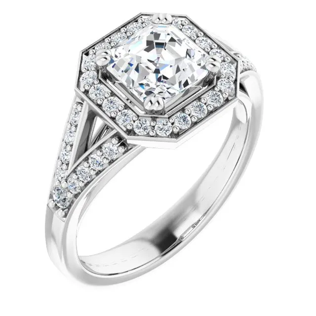 Cubic Zirconia Engagement Ring- The Aryanna (Customizable Cathedral-set Asscher Cut Style with Accented Split Band and Halo)