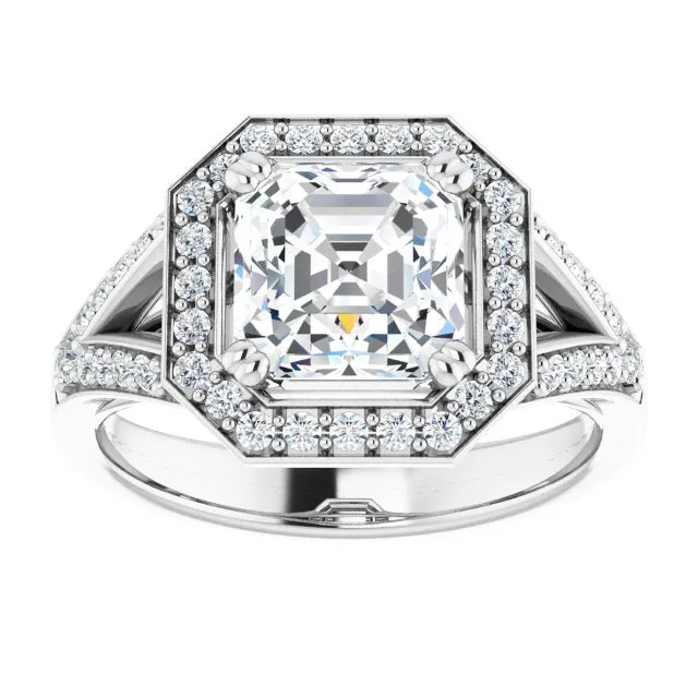 Cubic Zirconia Engagement Ring- The Aryanna (Customizable Cathedral-set Asscher Cut Style with Accented Split Band and Halo)