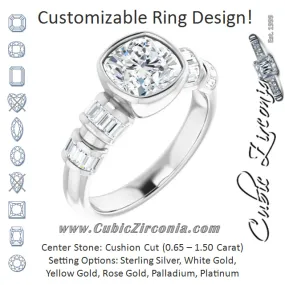 Cubic Zirconia Engagement Ring- The Astrid (Customizable Bezel-set Cushion Cut Design with Quad Horizontal Band Sleeves of Baguette Accents)