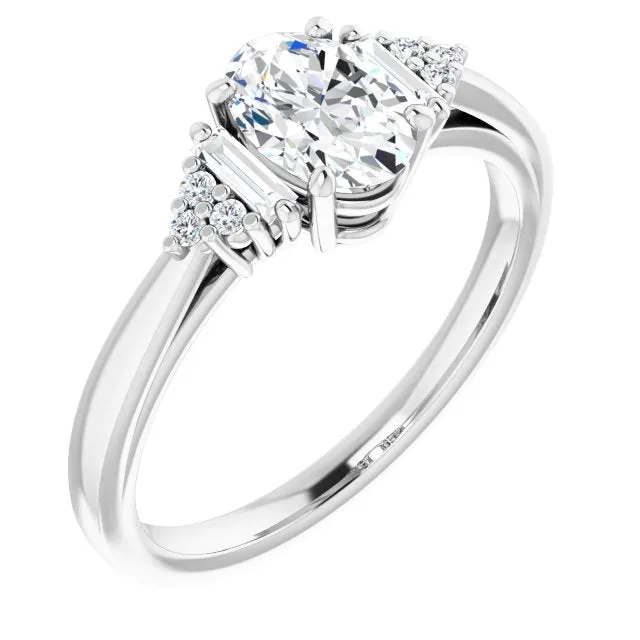 Cubic Zirconia Engagement Ring- The Barb (Customizable 9-stone Design with Oval Cut Center, Side Baguettes and Tri-Cluster Round Accents)