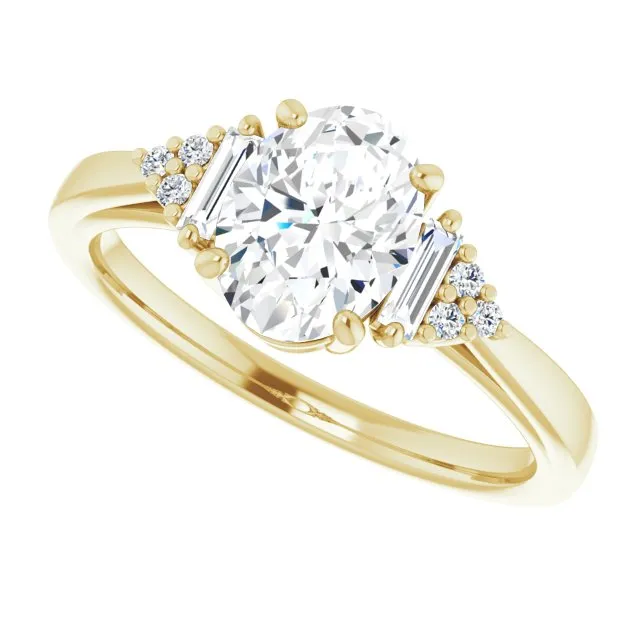 Cubic Zirconia Engagement Ring- The Barb (Customizable 9-stone Design with Oval Cut Center, Side Baguettes and Tri-Cluster Round Accents)