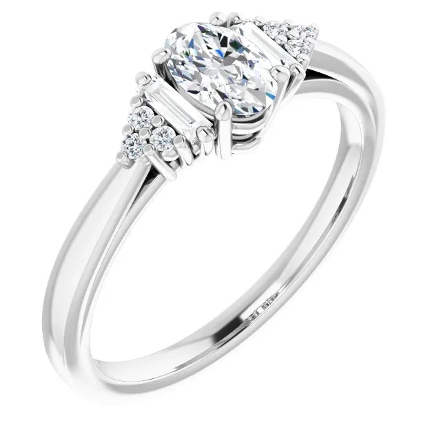 Cubic Zirconia Engagement Ring- The Barb (Customizable 9-stone Design with Oval Cut Center, Side Baguettes and Tri-Cluster Round Accents)