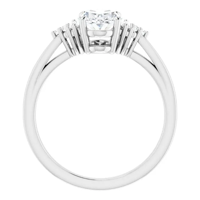 Cubic Zirconia Engagement Ring- The Barb (Customizable 9-stone Design with Oval Cut Center, Side Baguettes and Tri-Cluster Round Accents)