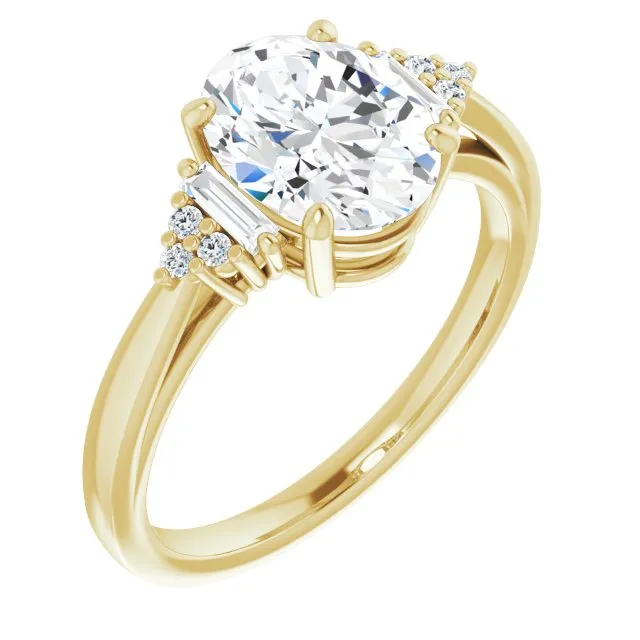 Cubic Zirconia Engagement Ring- The Barb (Customizable 9-stone Design with Oval Cut Center, Side Baguettes and Tri-Cluster Round Accents)