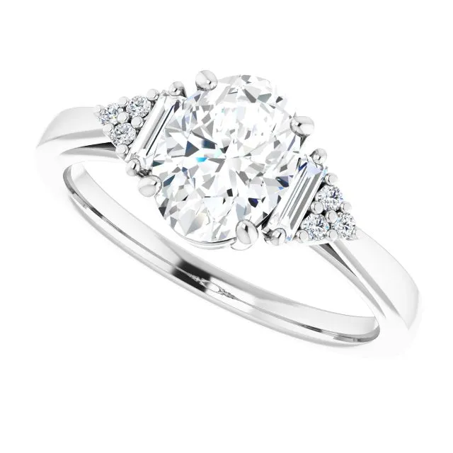 Cubic Zirconia Engagement Ring- The Barb (Customizable 9-stone Design with Oval Cut Center, Side Baguettes and Tri-Cluster Round Accents)