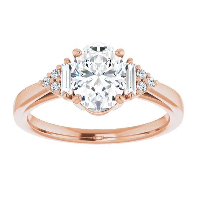 Cubic Zirconia Engagement Ring- The Barb (Customizable 9-stone Design with Oval Cut Center, Side Baguettes and Tri-Cluster Round Accents)