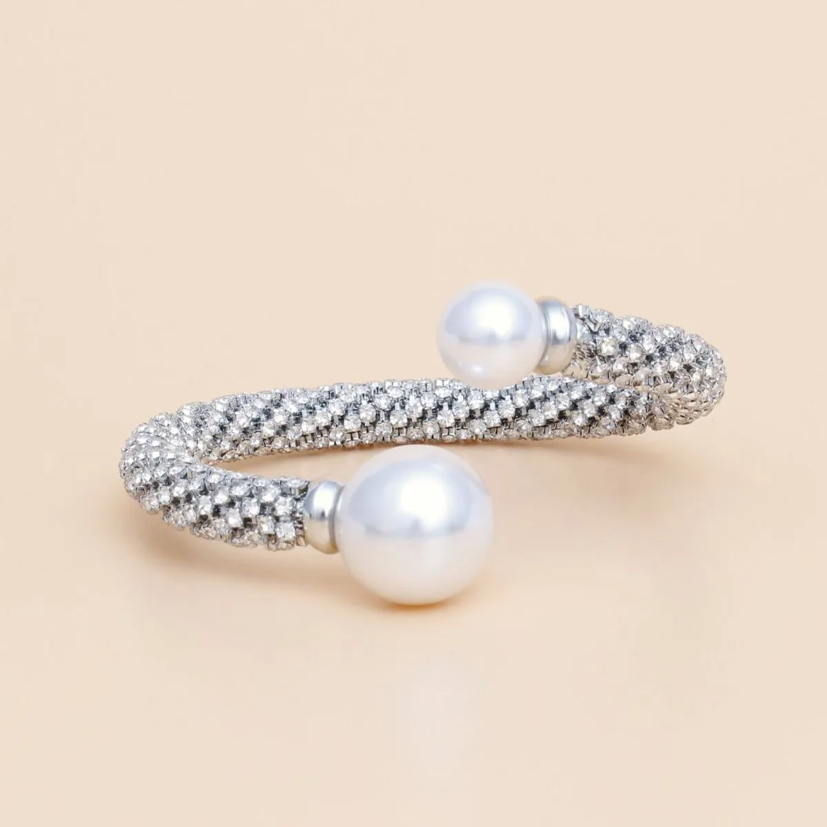 Cuff Silver Twist Rhinestone Pearl Capped Bracelet