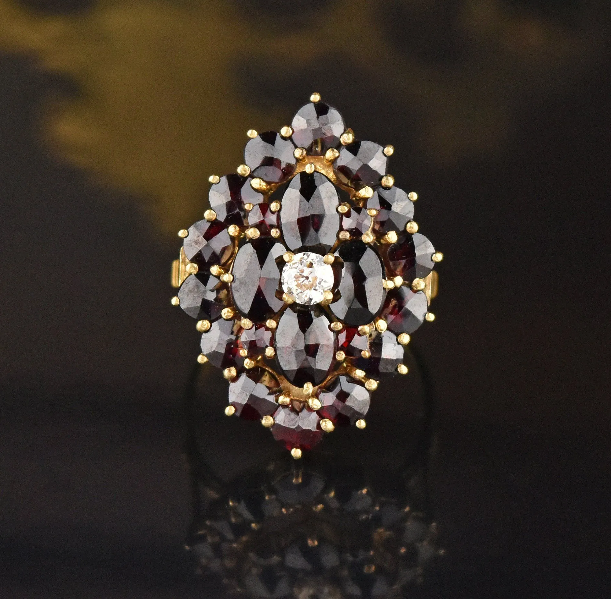 DEPOSIT ON HOLD Victorian Style Gold Diamond Garnet Cluster Ring