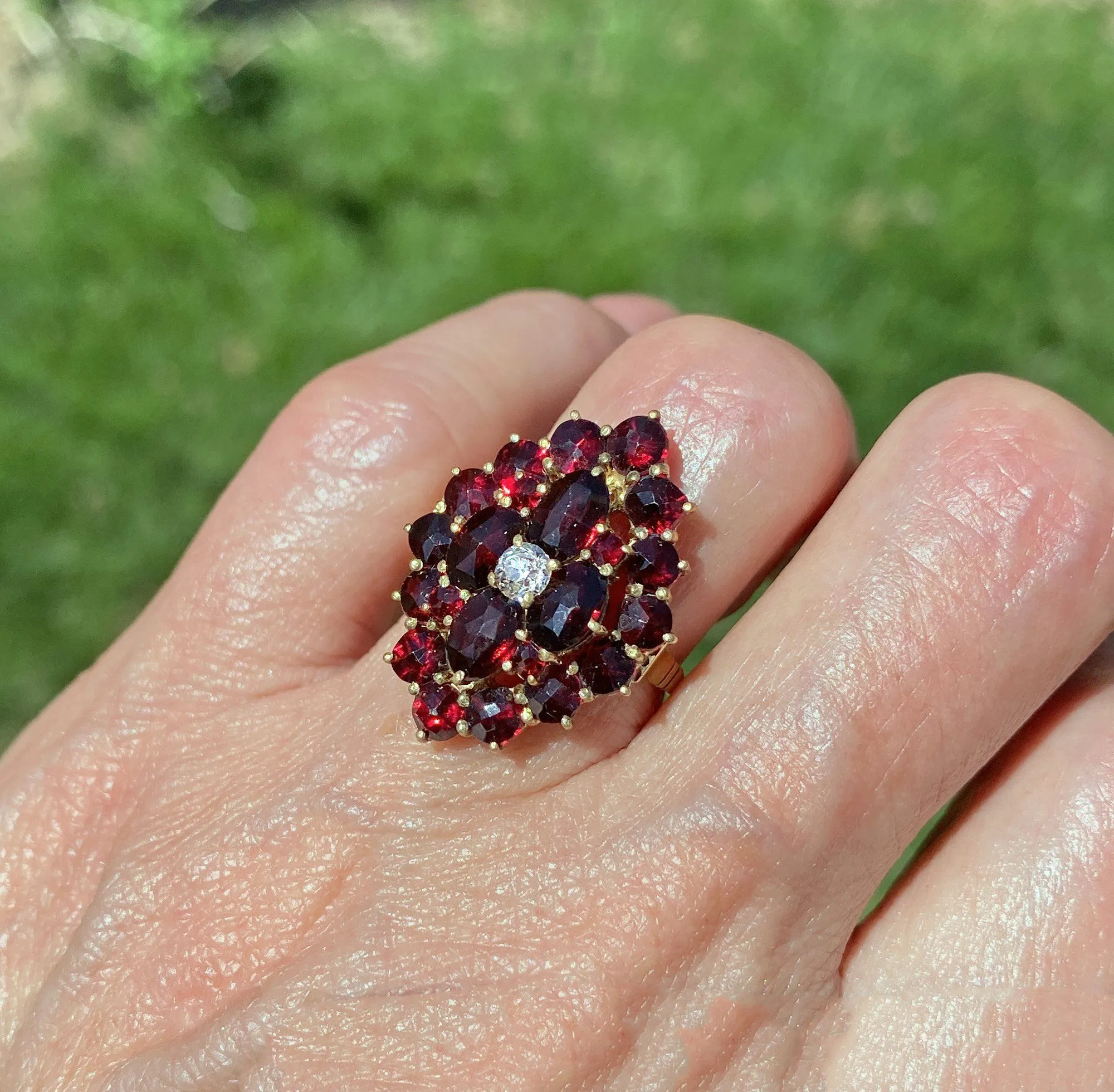 DEPOSIT ON HOLD Victorian Style Gold Diamond Garnet Cluster Ring