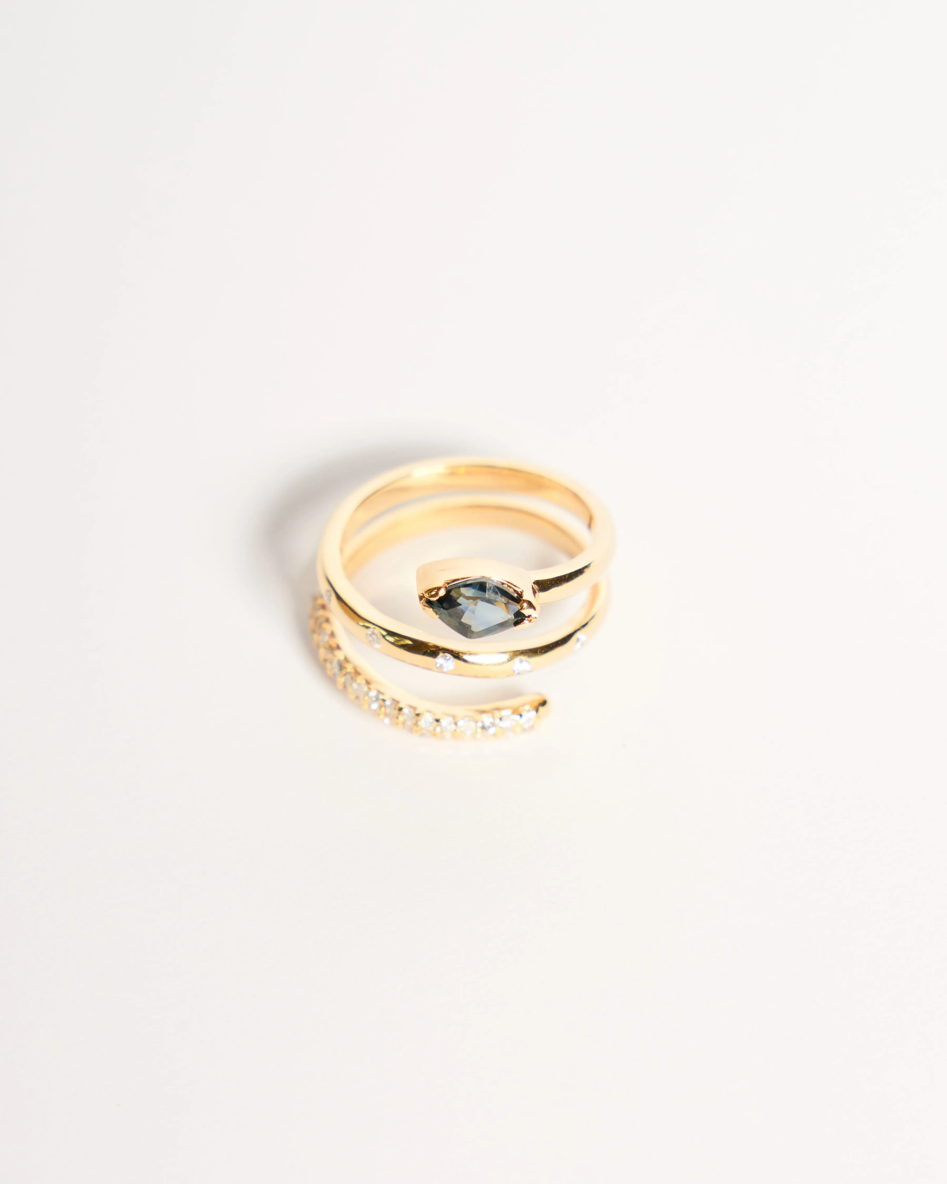 Diamond & Gemstone Spiral Ring No. 1 - Teal Sapphire, Solid 14k Gold | ONE-OF-A-KIND