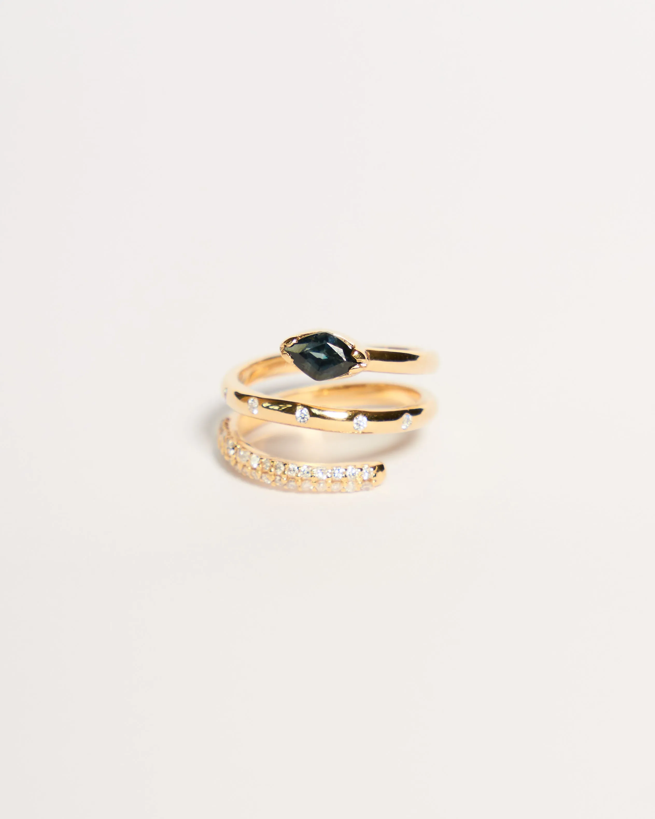 Diamond & Gemstone Spiral Ring No. 1 - Teal Sapphire, Solid 14k Gold | ONE-OF-A-KIND