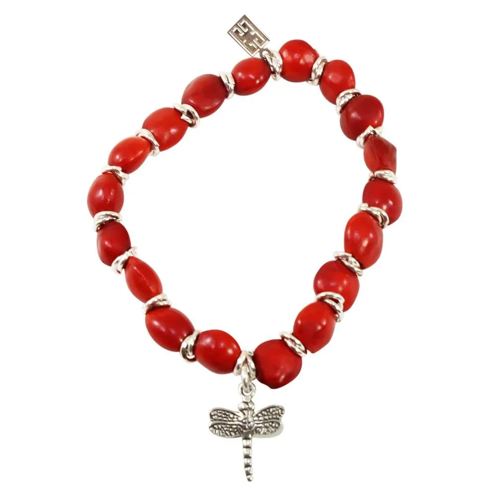 Dragonfly Charm Stretchy Bracelet w/Meaningful Good Luck, Prosperity, Love Huayruro Seeds