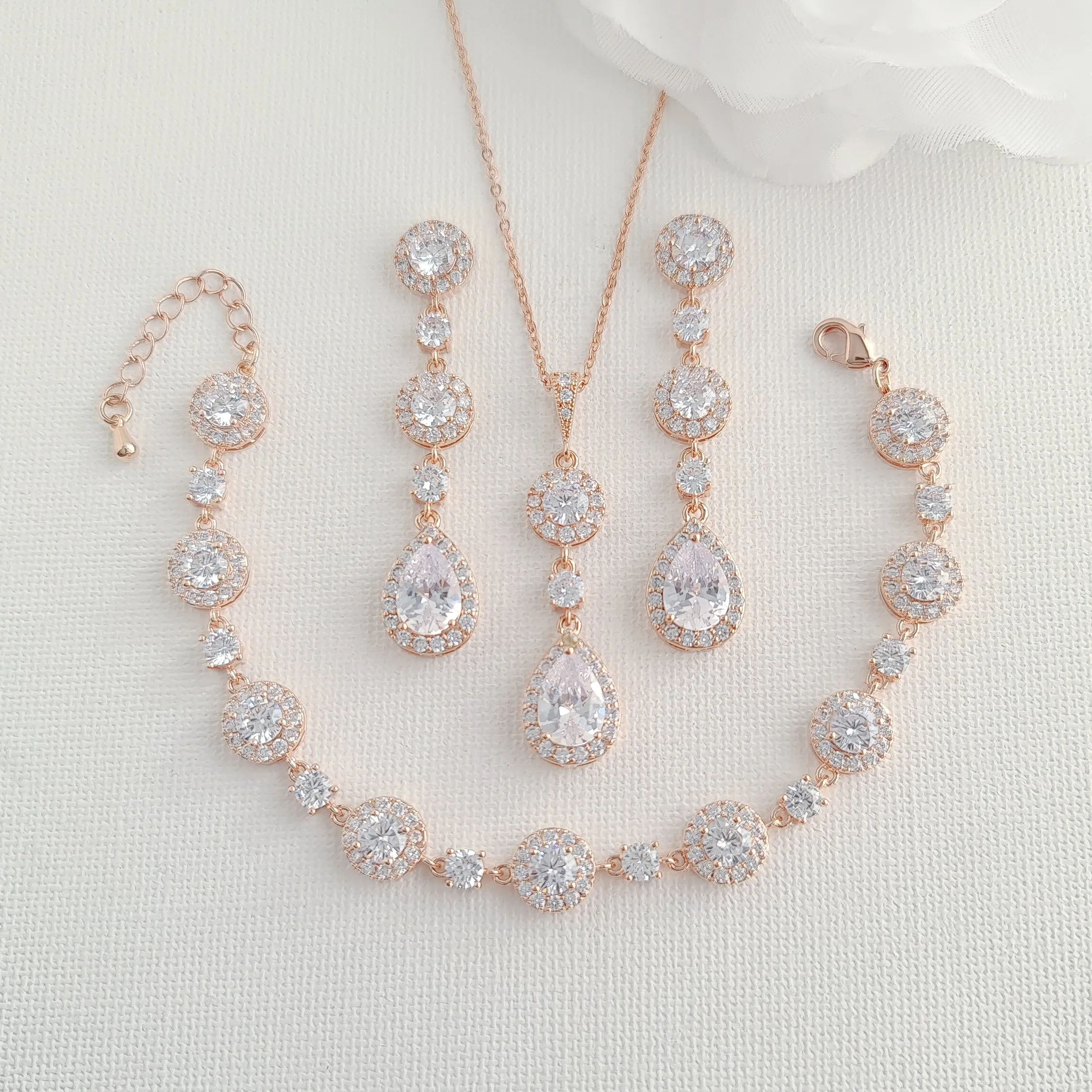 Earrings Necklace Bracelet 3 Piece Rose Gold Jewelry Set- Reagan