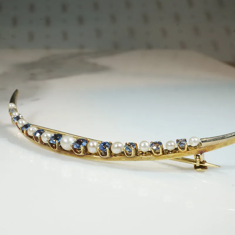 Edwardian Sapphire & Pearl Crescent Moon Brooch