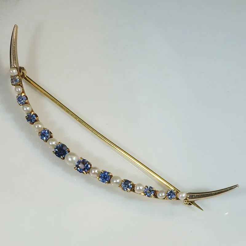 Edwardian Sapphire & Pearl Crescent Moon Brooch