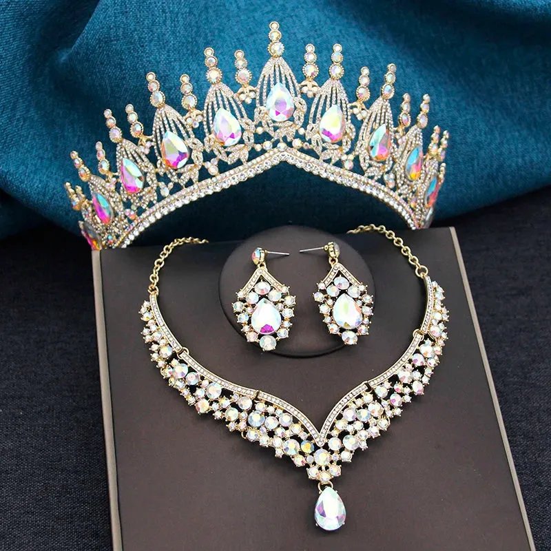 Elegant 3 Pcs Set Tiara Crown Necklace and Earrings for Women Fashion Jewelry Sets