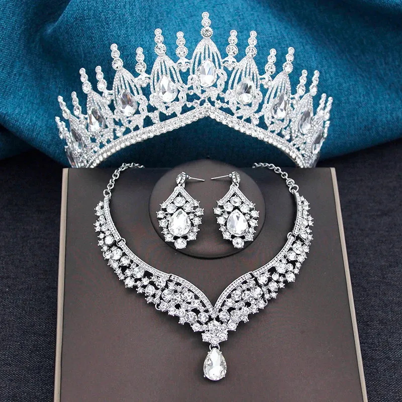 Elegant 3 Pcs Set Tiara Crown Necklace and Earrings for Women Fashion Jewelry Sets