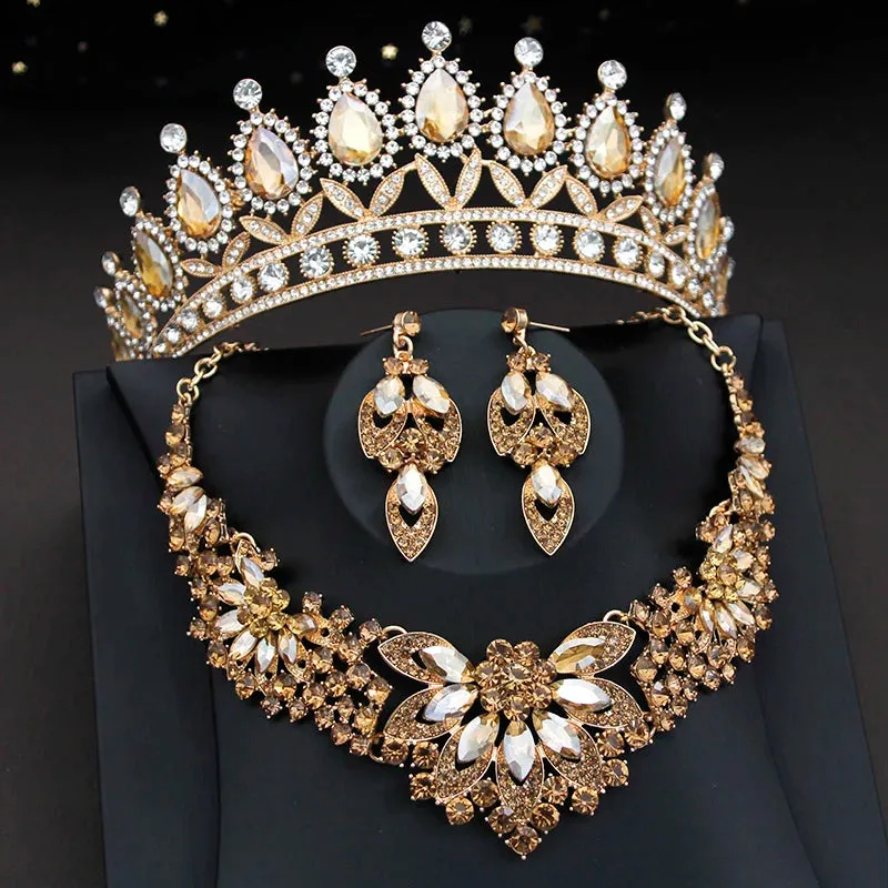 Elegant Champagne Crystal Bridal Fashion Jewelry Sets Crown Tiara Necklace Earring Accessories