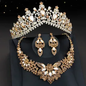 Elegant Champagne Crystal Bridal Fashion Jewelry Sets Crown Tiara Necklace Earring Accessories