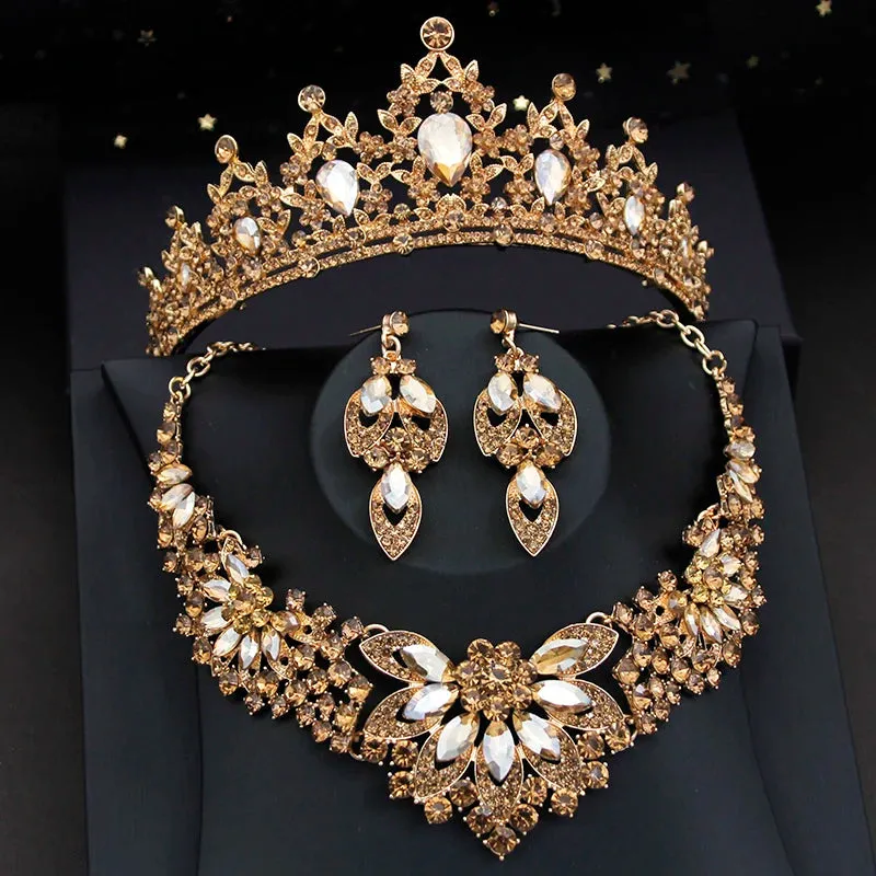 Elegant Champagne Crystal Bridal Fashion Jewelry Sets Crown Tiara Necklace Earring Accessories