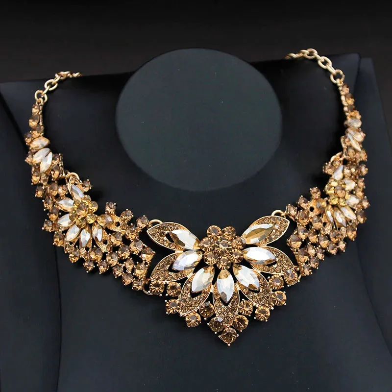 Elegant Champagne Crystal Bridal Fashion Jewelry Sets Crown Tiara Necklace Earring Accessories