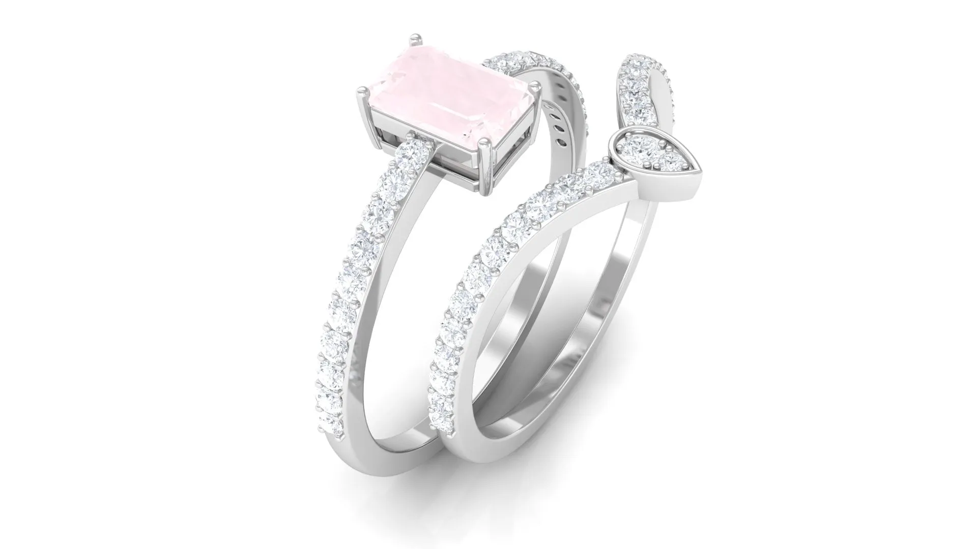 Emerald Cut Rose Quartz Solitaire Wedding Ring Set with Diamond Stackable Band