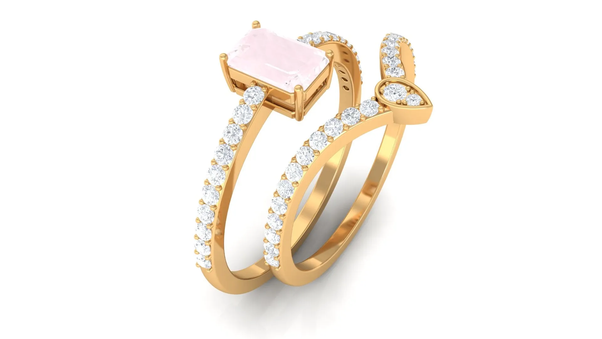 Emerald Cut Rose Quartz Solitaire Wedding Ring Set with Diamond Stackable Band