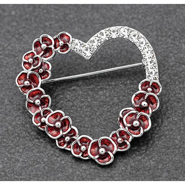 Equilibrium - Silver Plated Poppy Diamante Heart Brooch