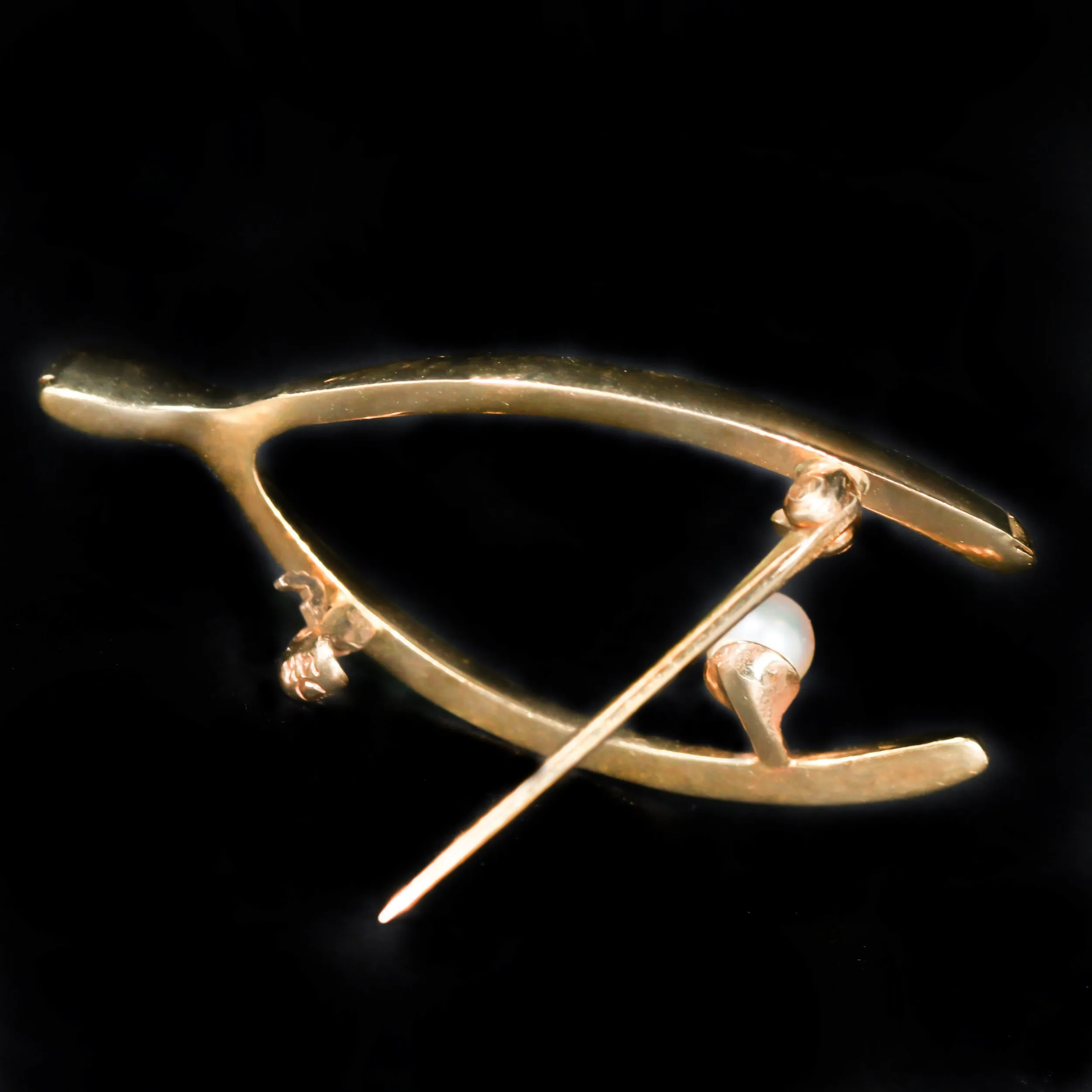 Estate 14k Yellow Gold Pearl Wishbone Brooch