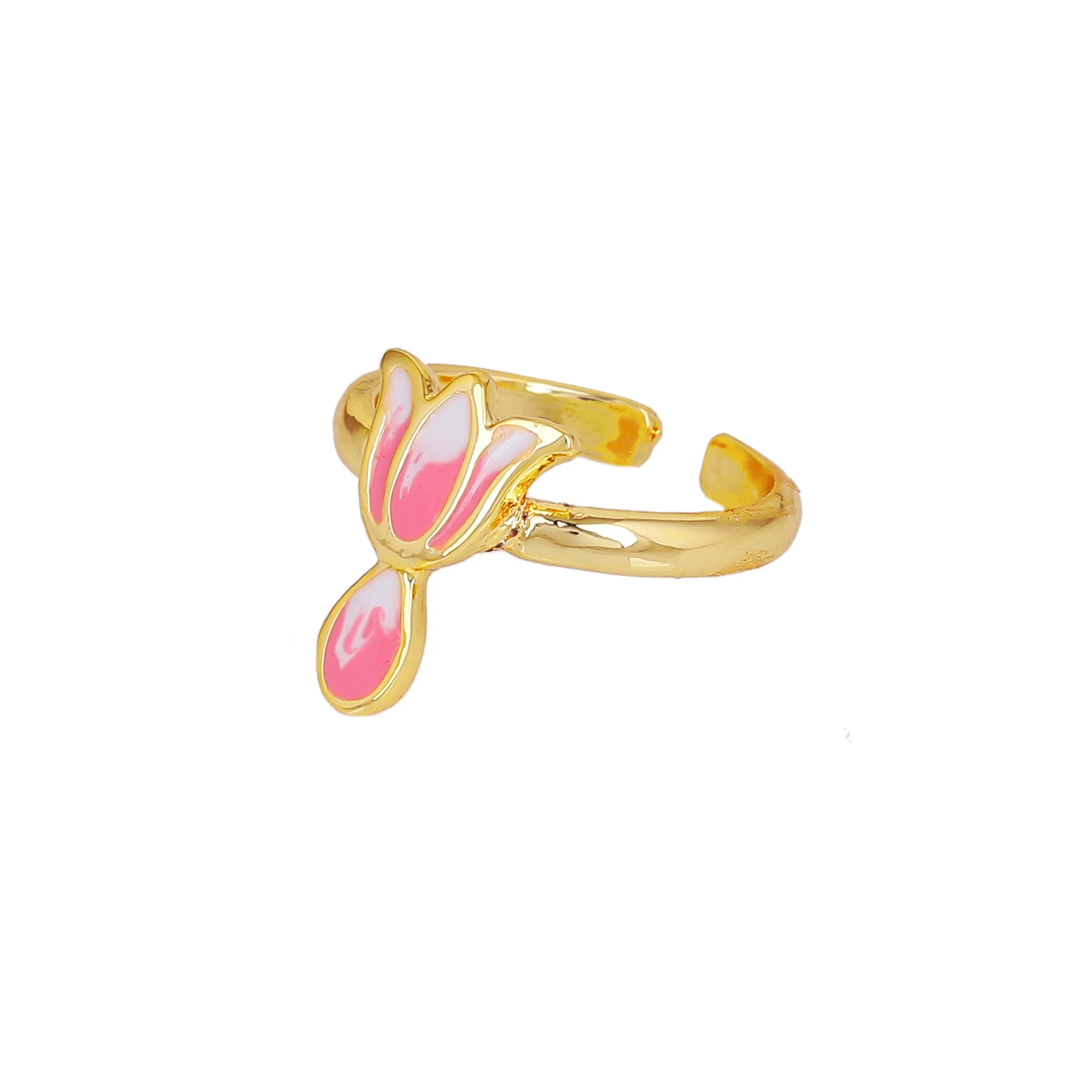 Estele Gold Plated Elegant Lotus Designer Adjustable Finger Ring with Pink Enamel for Girl's & Women