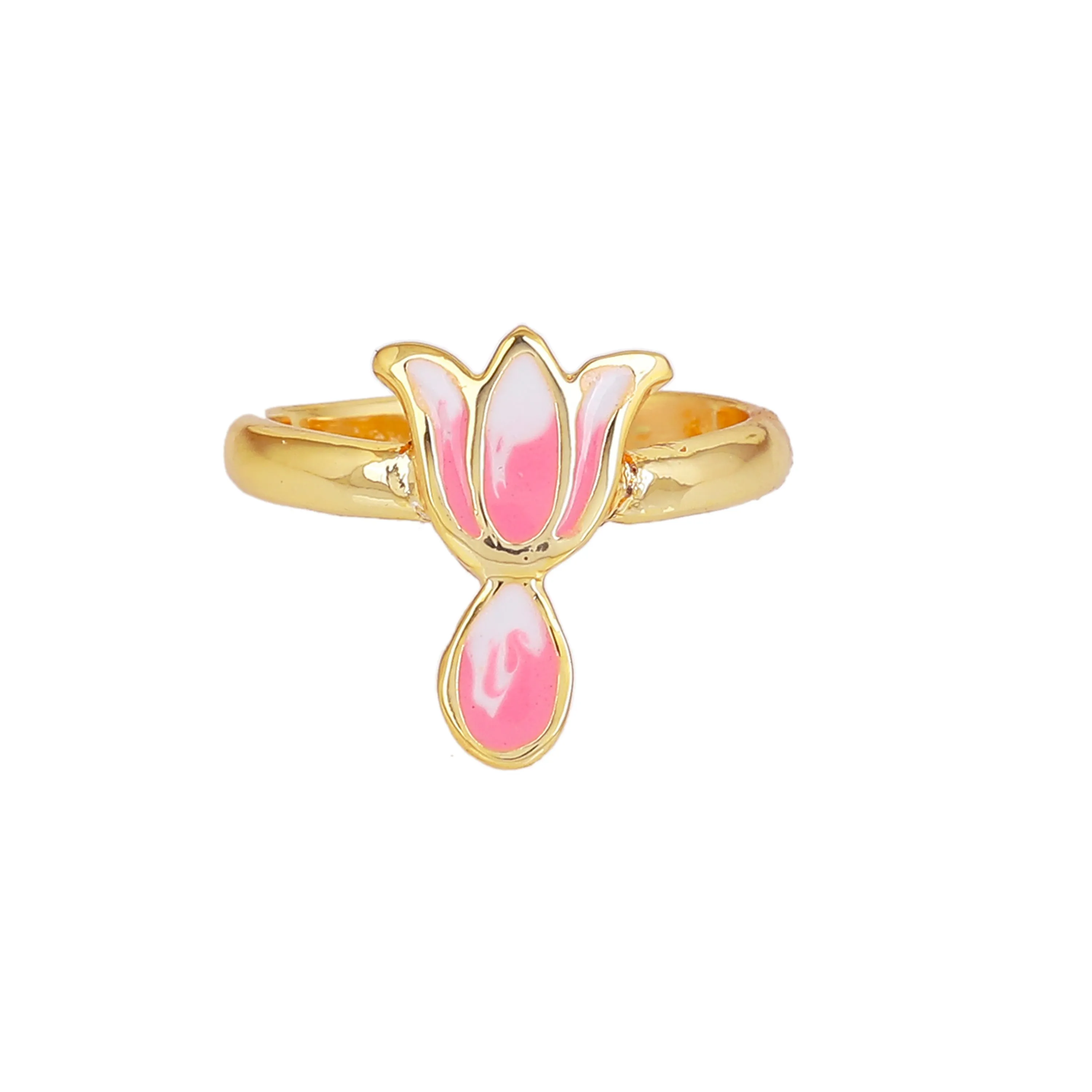 Estele Gold Plated Elegant Lotus Designer Adjustable Finger Ring with Pink Enamel for Girl's & Women